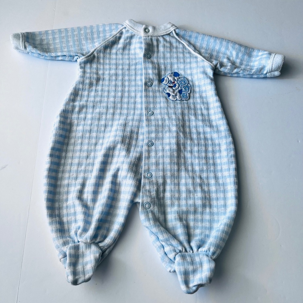 Vintage Sweet Treasures Footed Sleeper 3-6M Blue Plaid Dog Pajamas